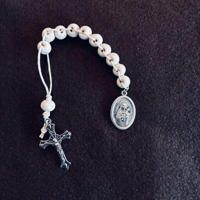 Wooden rosary with cross and medal