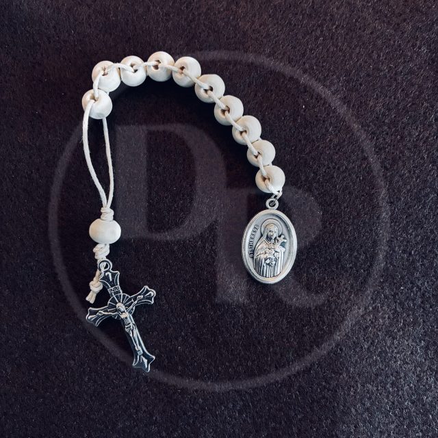 Wooden rosary with cross and medal